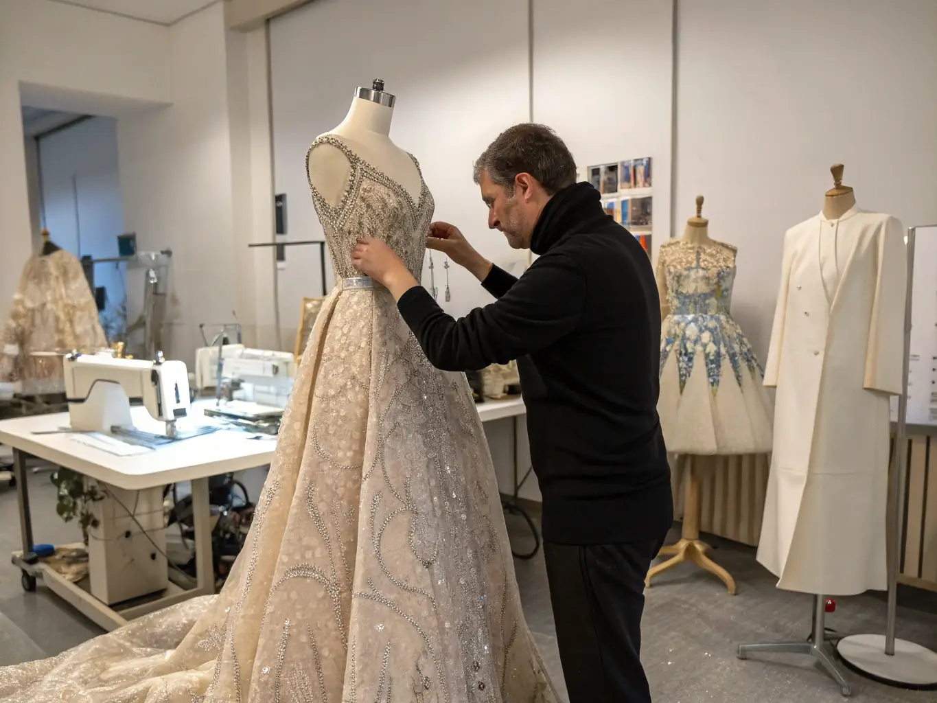 A stylish photograph of models and designers working backstage at a fashion show, highlighting the creativity and teamwork involved.