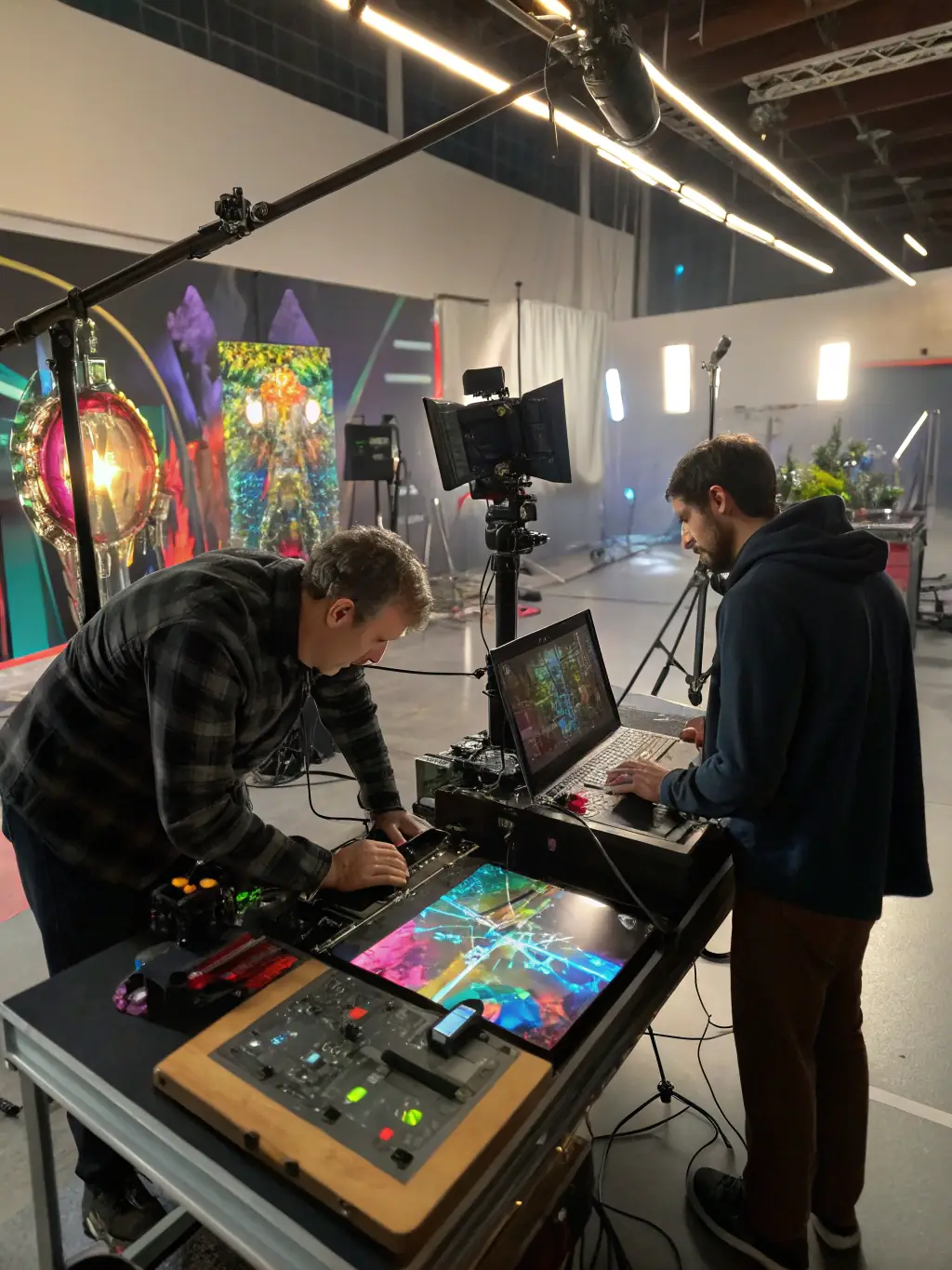 A dynamic photo of young filmmakers collaborating on a short film project, using professional equipment and techniques, filmed in a local setting.
