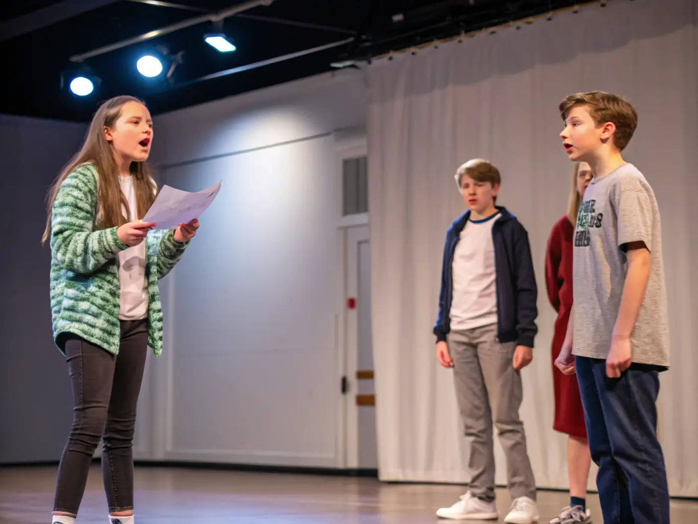 A captivating image of young actors rehearsing a scene on stage, showcasing their passion and dedication to theater arts.