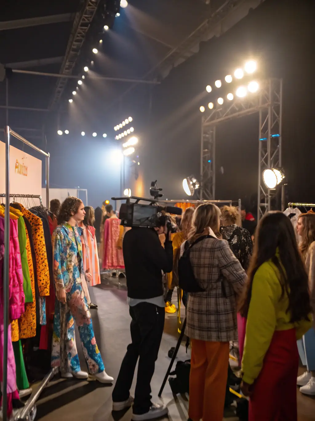 A stylish image capturing models and designers backstage at a fashion show, highlighting the creativity and teamwork involved, set in a modern venue.