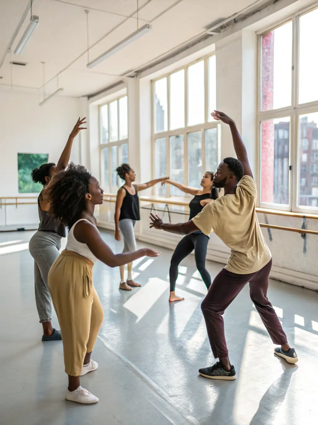 A captivating image of dancers rehearsing a contemporary dance routine, emphasizing movement and expression, set in a dance studio.