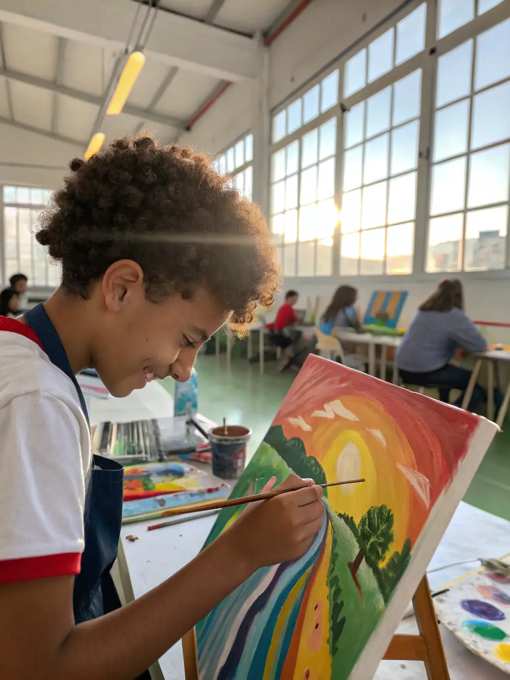 A photograph capturing a young artist deeply engrossed in painting a vibrant mural, showcasing the creative expression fostered by ASSOC. FOR YOU AGENCE CASTING CHALLENGERS.